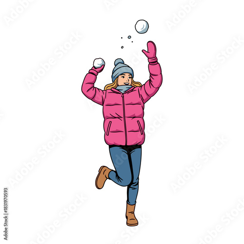 Woman playing with snowballs in winter clothing, outdoor recreation and winter activity