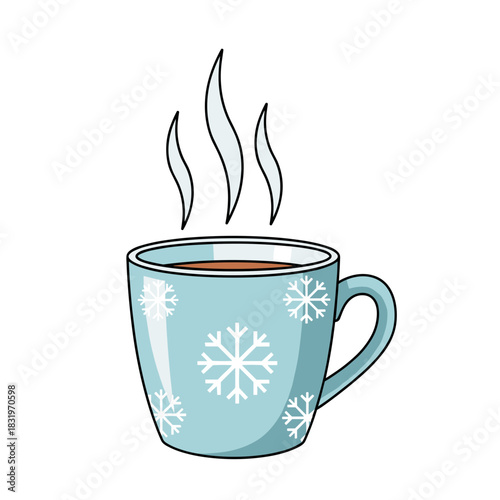 Blue mug with snowflake pattern, hot beverage and winter warmth concept