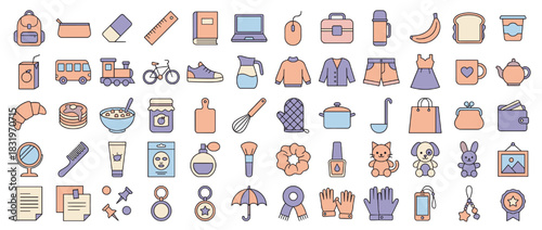 Everyday objects icon set. includes bag, bicycle, book, cup, food, clothes, laptop, mirror, and more. Vector collection