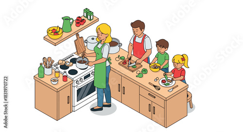 Family cooking together in kitchen with fresh ingredients and joy