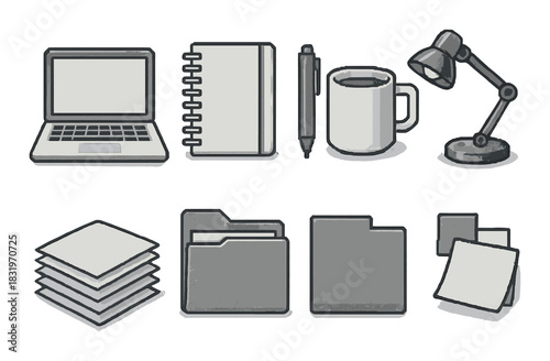 Black and white office supplies: laptop, notebook, pen, coffee, lamp, files, papers