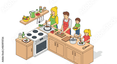 Happy family cooking together in modern kitchen isometric style