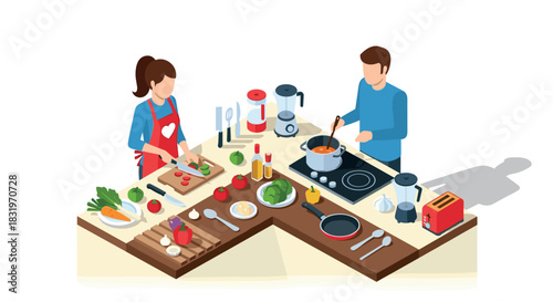 Isometric kitchen scene with couple cooking together in modern home