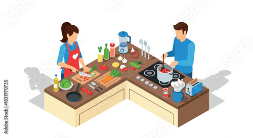 Isometric kitchen scene with couple cooking together