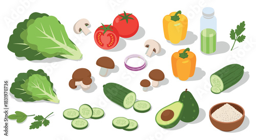 Fresh vegetables and ingredients in isometric style for healthy meal prep
