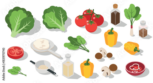 Fresh vegetables and ingredients in isometric design on white background
