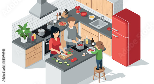 Family cooking together in modern kitchen with red fridge and fresh ingredients in isometric style