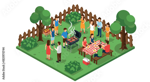 Backyard barbecue gathering in a green park setting with friends and family