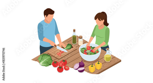 Couple cooking together in kitchen: fresh ingredients and healthy preparation in isometric style