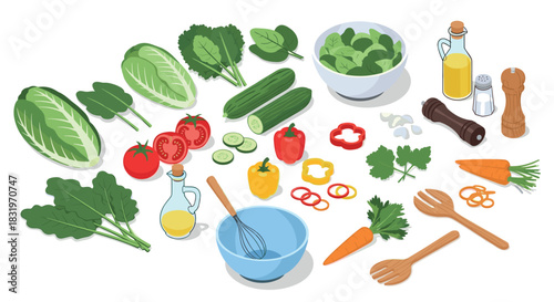 Fresh salad ingredients on white background with kitchen tools