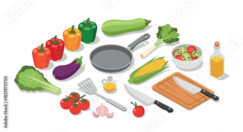 Colorful flat kitchen scene with vegetables and cooking tools