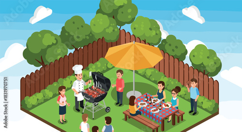 Family gathering barbecue picnic in backyard with chef and friends