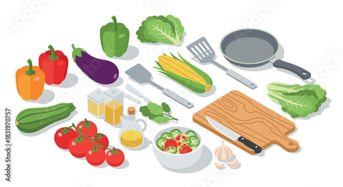 Culinary delight: fresh ingredients with kitchen tools in isometric style