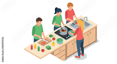 Isometric kitchen scene with four people cooking together