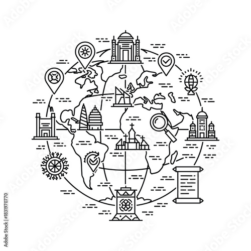 Global Heritage and Travel: Line Art Illustration of World Map with Iconic Landmarks, Cultural Symbols, and Exploration Elements