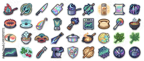 Cooking and astronomy icon set. featuring pan, knife, bowl, spice, pot, rainbow, planet, and more. Vector collection