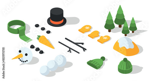 Build your own snowman with isometric winter accessories kit