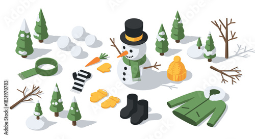 Winter wonderland scene with snowman and seasonal elements in isometric style