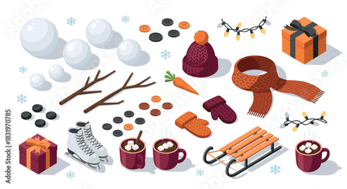 Cozy winter elements with snowballs, gifts, and warm accessories in isometric style for seasonal design