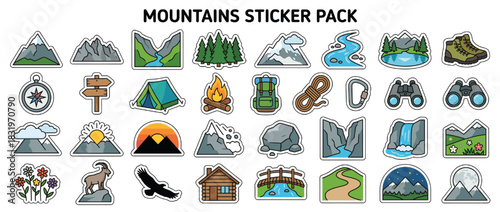 Outdoor adventure icons set. containing mountain, forest, campfire, compass, tent, river, hiking, waterfall, wildlife and more. Vector collection