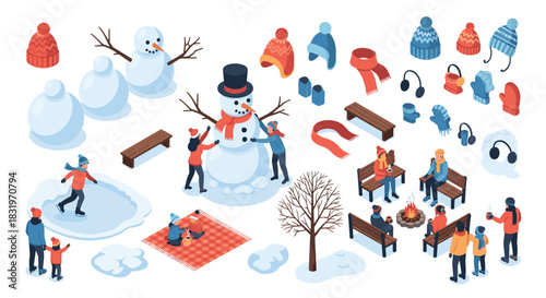 Cozy winter scene with snow activities and warm clothing in isometric style
