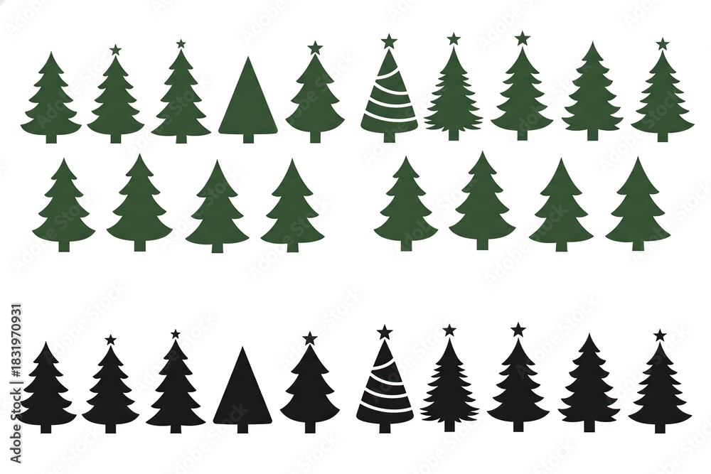 Fototapeta premium stylized christmas trees with spiral and star designs christmas tree green silhouette clipart set. green Christmas tree drawing clip art collection in white background for xmas season pine tree flat i