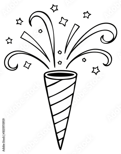 Celebration popper exploding with stars confetti and streamers illustration