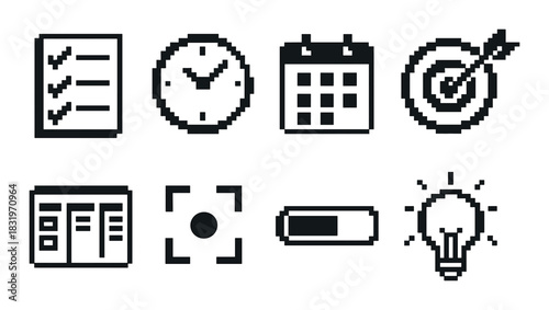 Pixel icons of task management: checklist, clock, calendar, target, organization, focus, progress, innovation