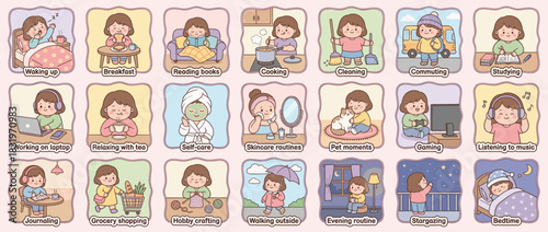Daily routine icon set. containing waking up, breakfast, reading, cooking, cleaning, commuting, studying, and more. Vector collection