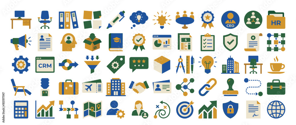 Fototapeta premium Business and office icon set. containing desk, chart, email, checklist, contract, gear, calendar, meeting, presentation. Vector collection