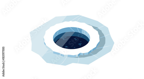 Flat style frozen arctic ice fishing hole with cracks