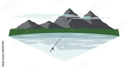 Peaceful mountain lake fishing scene with tranquil landscape and calm waters
