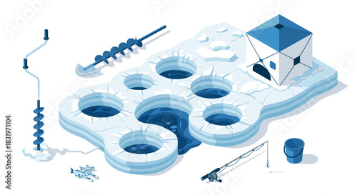 Isometric ice fishing scene with gear and igloo on frozen lake