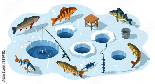 Ice fishing adventure: vibrant fish and gear on frozen lake scene