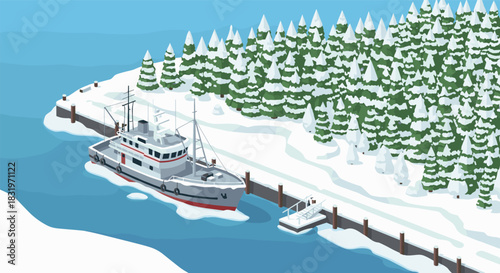 Snow-covered harbor with fishing boat and evergreen forest in winter wonderland