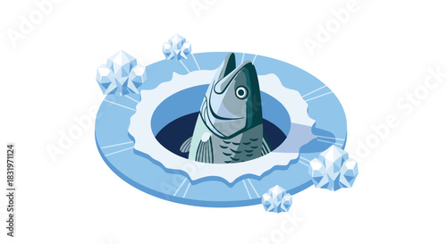 Isometric fish emerging from ice hole with floating icebergs