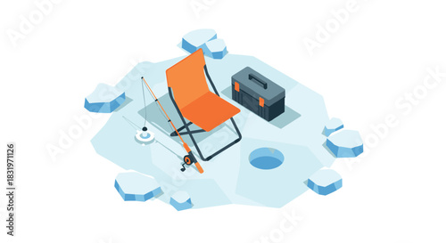 Winter ice fishing setup with chair, rod, and tackle box on frozen lake