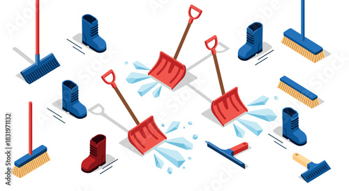 Isometric winter tools and boots with snow elements for seasonal cleanup