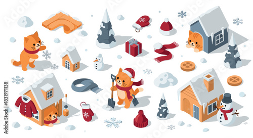 Isometric winter cats and cozy houses with snowy elements and festive decorations