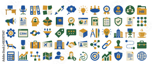 Business and office icon set. containing desk, chart, email, checklist, contract, gear, calendar, meeting, presentation. Vector collection