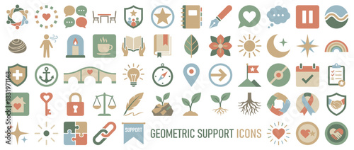 Geometric support icon set. containing heart, help, anchor, lock, calendar, badge, bridge, hand, leaf and more. Vector collection