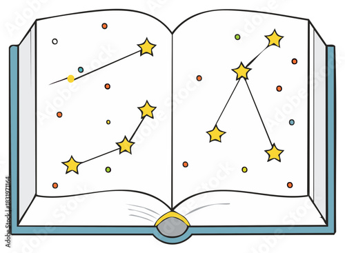 Open book with constellations and stars illustration on the pages. Astronomy, space and education concepts.