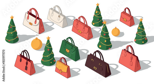 Isometric holiday handbags and christmas trees with festive decorations