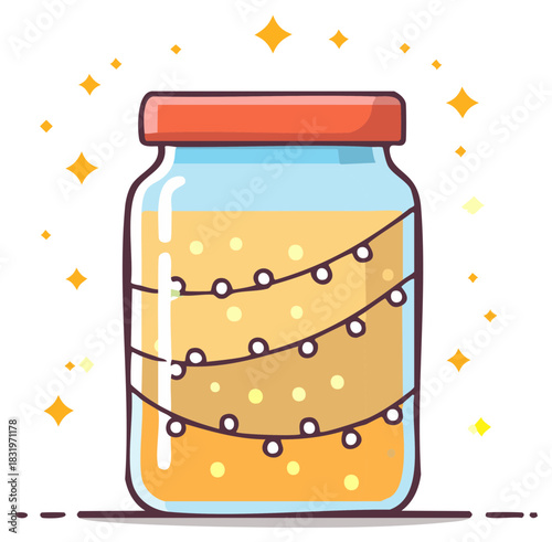 Magical cartoon jar filled with golden liquid and wrapped in glowing fairy lights and sparkles.