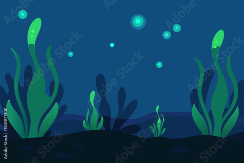 Deep sea environment with glowing plants simple vector illustration