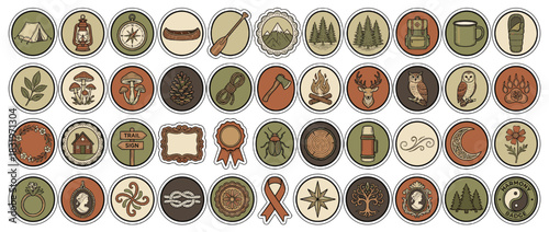 Camping and nature icon set. featuring tent, lantern, canoe, paddle, mountain, trees, mug, mushroom, pinecone. Vector collection