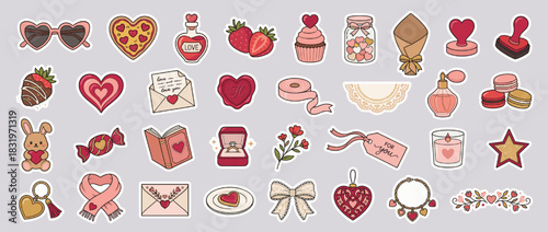 Valentine's day icon set. containing heart, love, rose, gift, chocolate, letter, ring, perfume, cupcake, candle, and more. Vector collection