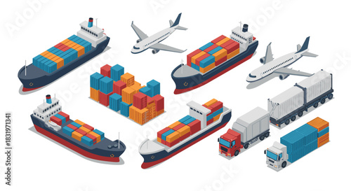 Isometric cargo transportation set with ships, trucks, and containers