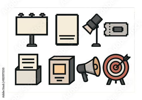 Vector icons of advertising tools: billboard, ticket, megaphone, target