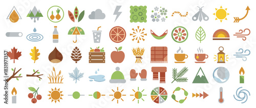 Seasonal and nature icons set. containing water, mountain, flower, cloud, sun, leaf, fruit, tree, fire, wind, and more. Vector collection